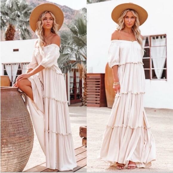 Vici Pompeii Maxi Tiered Dress Off Shoulder Cottage Core Peach Pink Ombré Medium - Picture 7 of 7